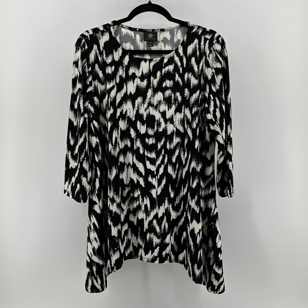 JM Collection Black White Abstract Sharkbite Tunic Top Oversized M Office Modern